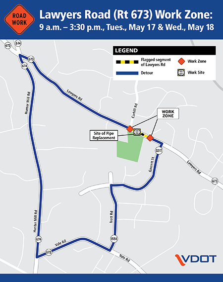 Detour map Lawyers Road, Garrett Street, Trott Avenue, Vale Road, Hunter Mill Road, Lawyers Road