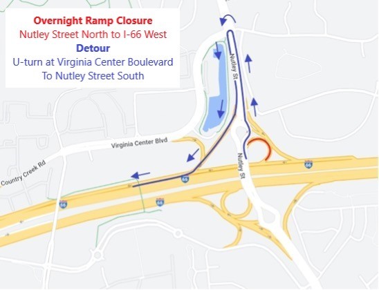 Detour of ramp closure from Nutley Street North to I-66 West