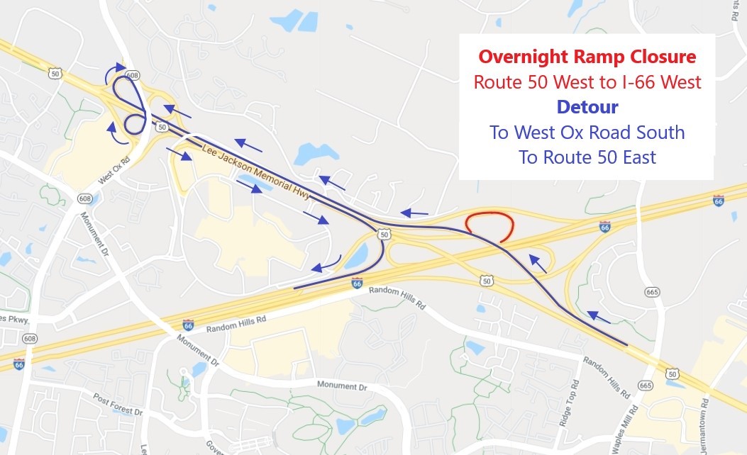 Detour route for Route 50 West to I-66 West