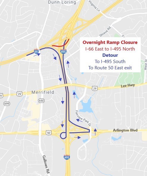 Detour map for I-66 East to I-495 North ramp closure